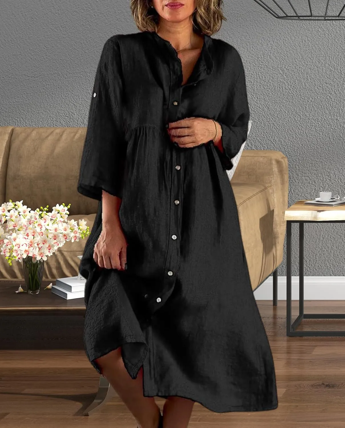 Women's Casual Shirt Dress Cotton Blend 3/4 Sleeve Midi Dresses with Pockets Loose Fit for Beach Vacation