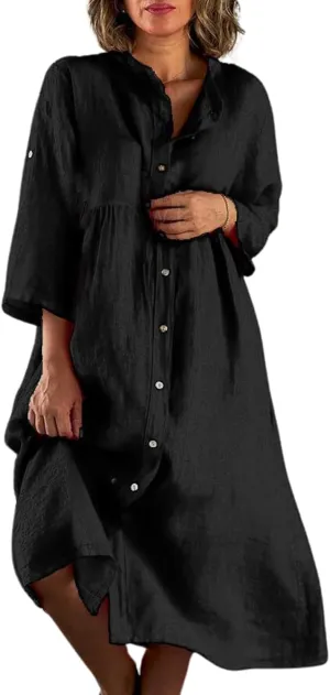Women's Casual Shirt Dress Cotton Blend 3/4 Sleeve Midi Dresses with Pockets Loose Fit for Beach Vacation