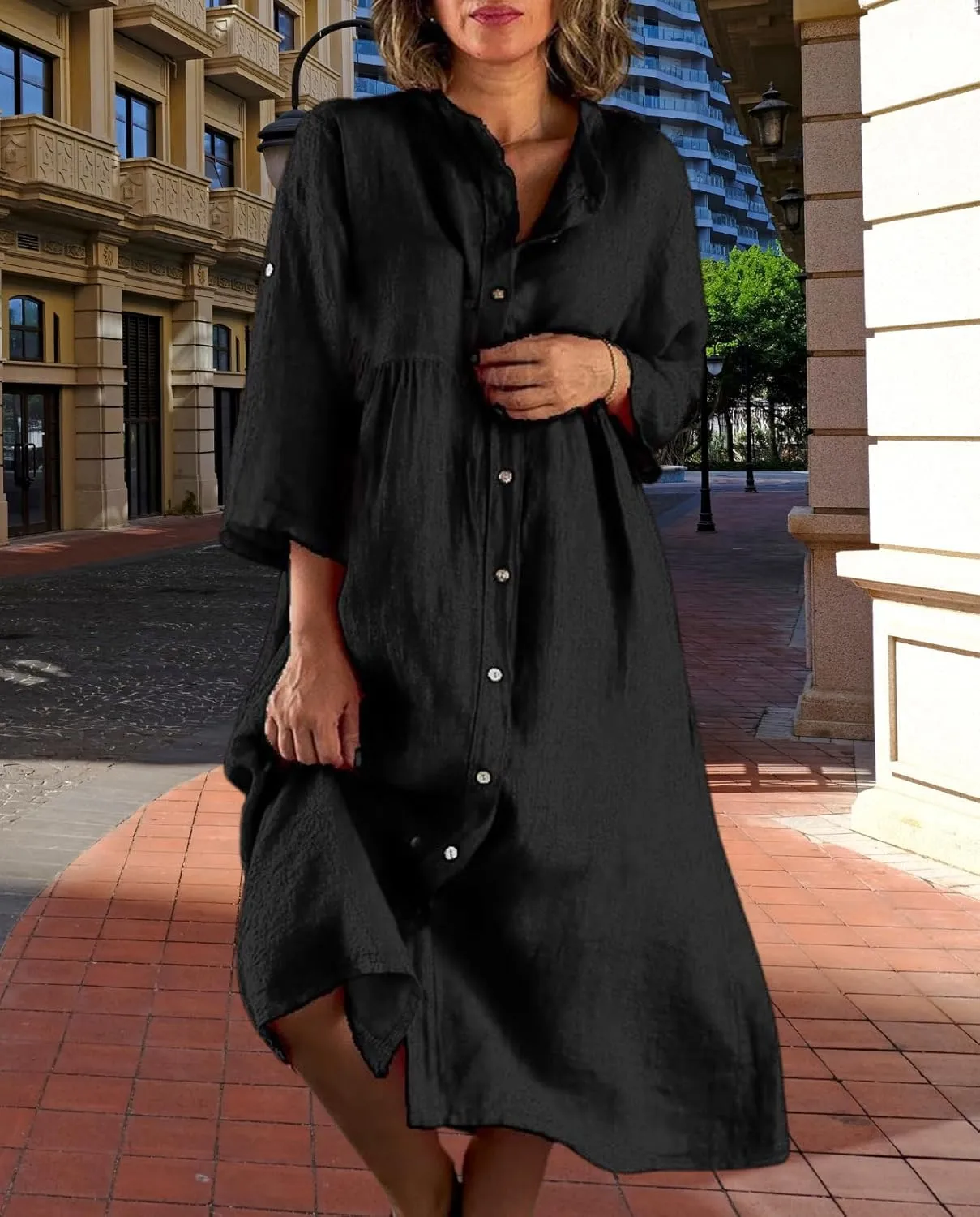 Women's Casual Shirt Dress Cotton Blend 3/4 Sleeve Midi Dresses with Pockets Loose Fit for Beach Vacation