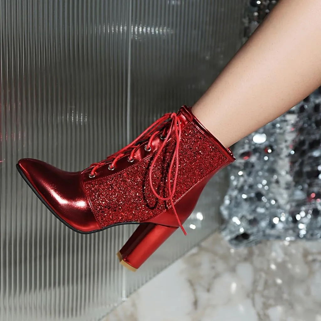 Women's Chunky Block High Heel Ankle Boots Round Toe Glitter Sequins Lace Up Winter Dressy Short Bootie