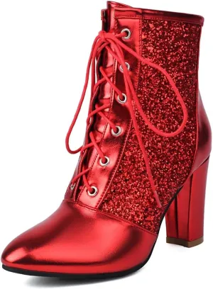 Women's Chunky Block High Heel Ankle Boots Round Toe Glitter Sequins Lace Up Winter Dressy Short Bootie