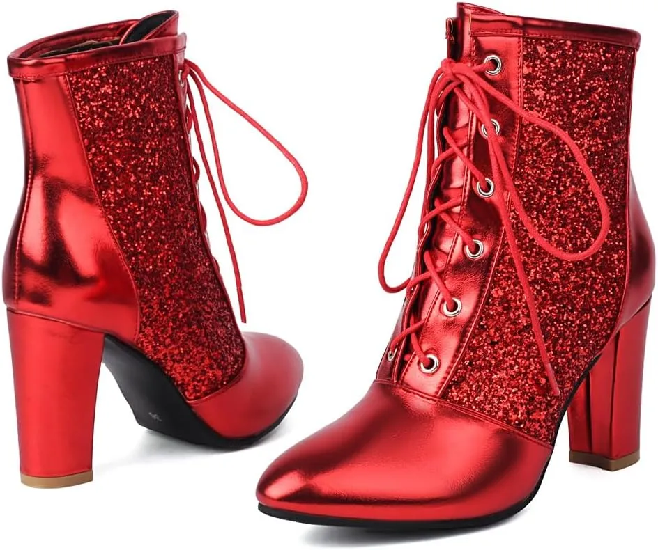 Women's Chunky Block High Heel Ankle Boots Round Toe Glitter Sequins Lace Up Winter Dressy Short Bootie