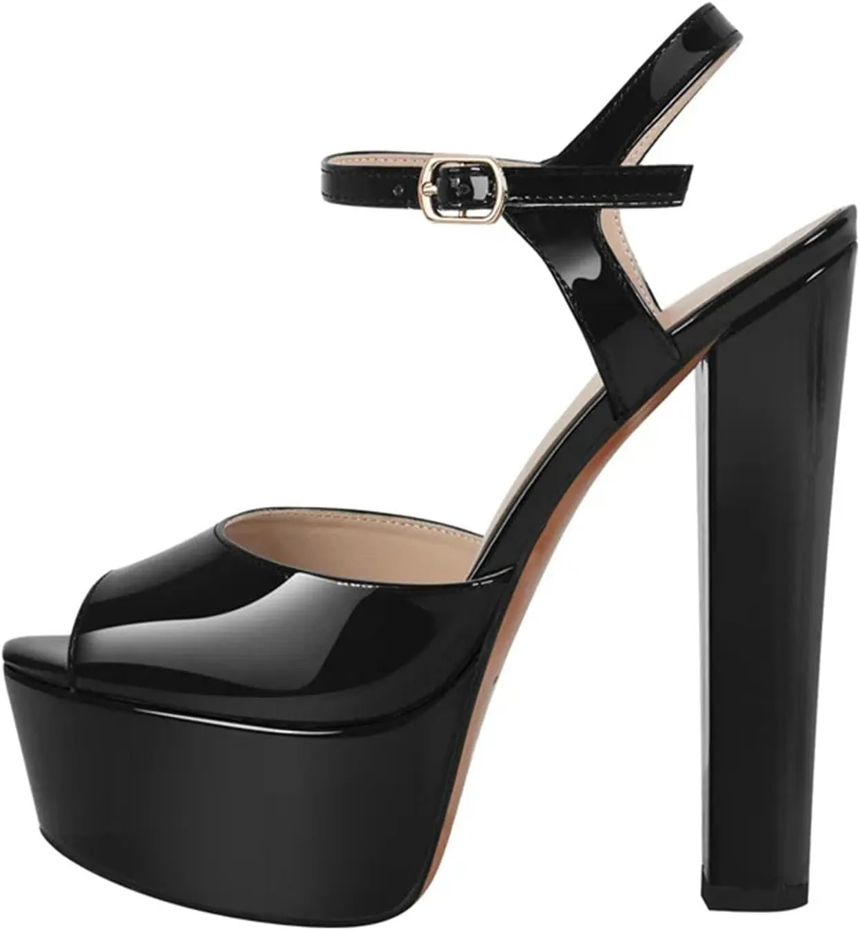Women's Chunky Buckle Heels - Open Toe Block Ankle Straps