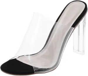 Women's Clear Open Toe Single Band Chunky Heels Mules High Heels Slip On Slide Sandals