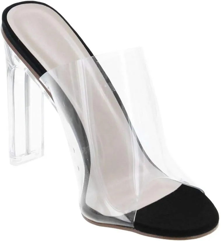 Women's Clear Open Toe Single Band Chunky Heels Mules High Heels Slip On Slide Sandals