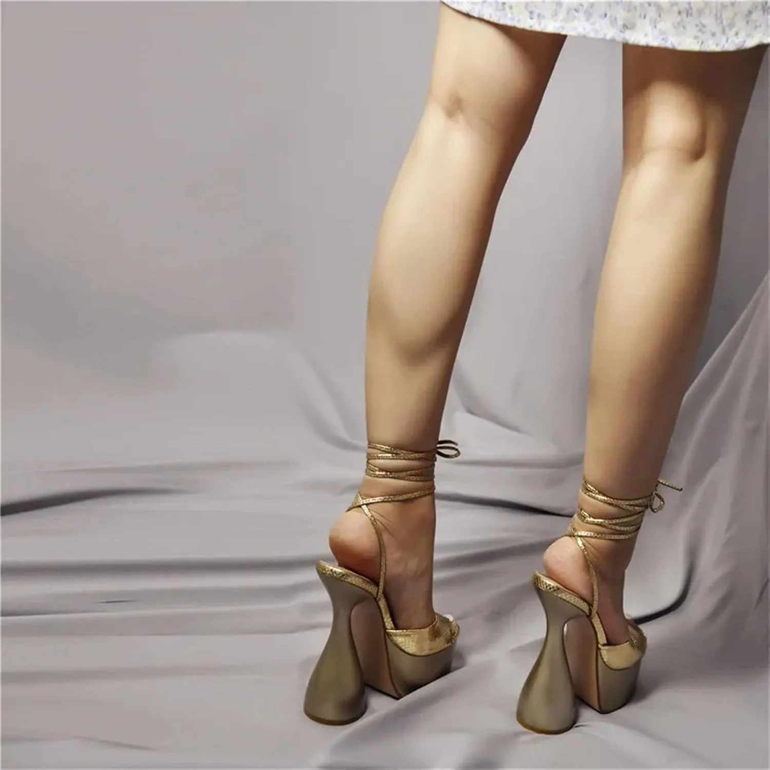 Women's Crocodile Print Sandals - Gold Cross Strap Spike Heels