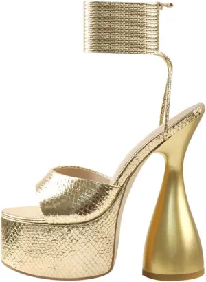 Women's Crocodile Print Sandals - Gold Cross Strap Spike Heels