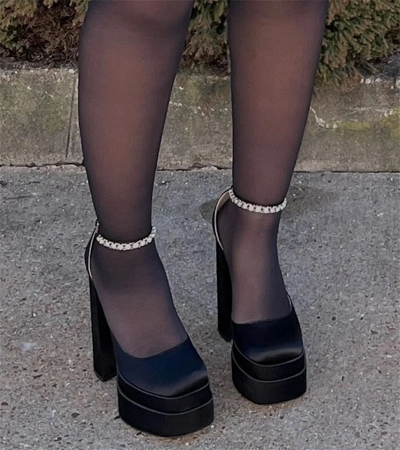 Women's Crystal Buckle Sandals - Thick Square Toe Platforms