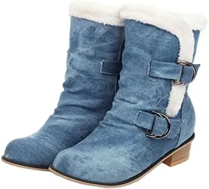Womens Denim Flat Short Ankle Boots Chunky Low Heel Ankle Buckle Cute Short Boots