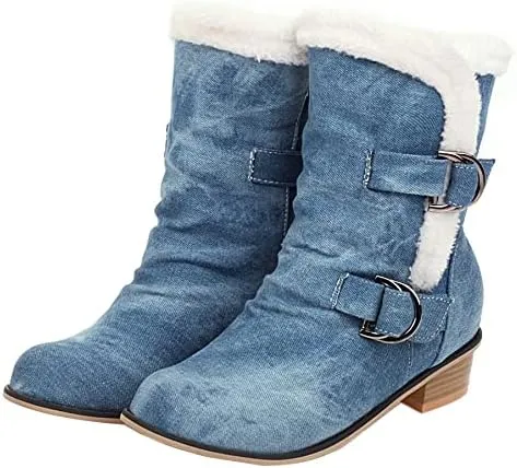 Womens Denim Flat Short Ankle Boots Chunky Low Heel Ankle Buckle Cute Short Boots