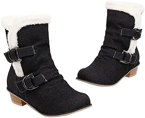 Womens Denim Flat Short Ankle Boots Chunky Low Heel Ankle Buckle Cute Short Boots