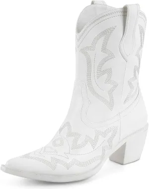 Women's Embroidered Wide Calf Western Cowgirl High Knee Boots Pull On Pointed Toe Cowboy Tall Boots for Ladies