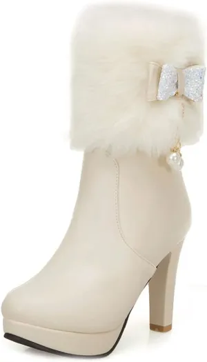 Women's Fashion Fur Platform High Heel Dressy Ankle Boots Round Toe Zipper Bow Elegant Short Booties