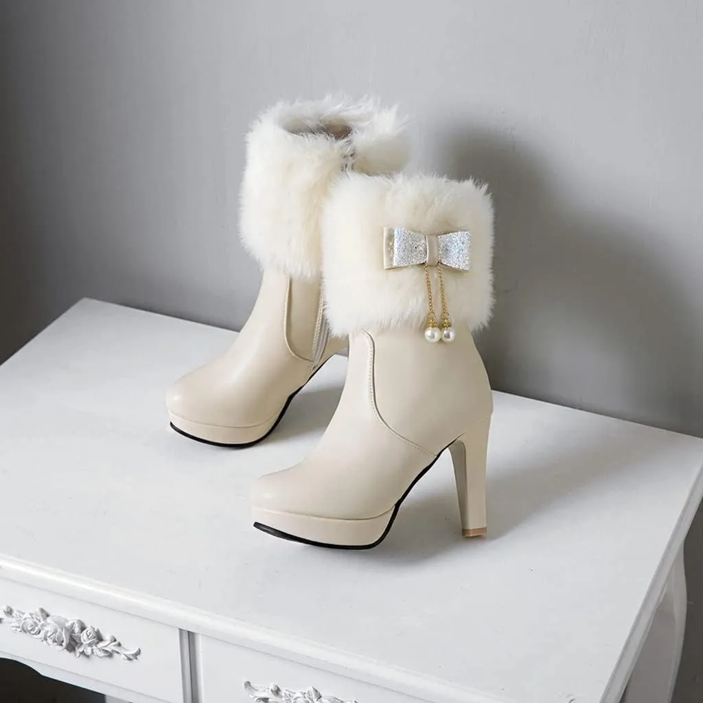 Women's Fashion Fur Platform High Heel Dressy Ankle Boots Round Toe Zipper Bow Elegant Short Booties