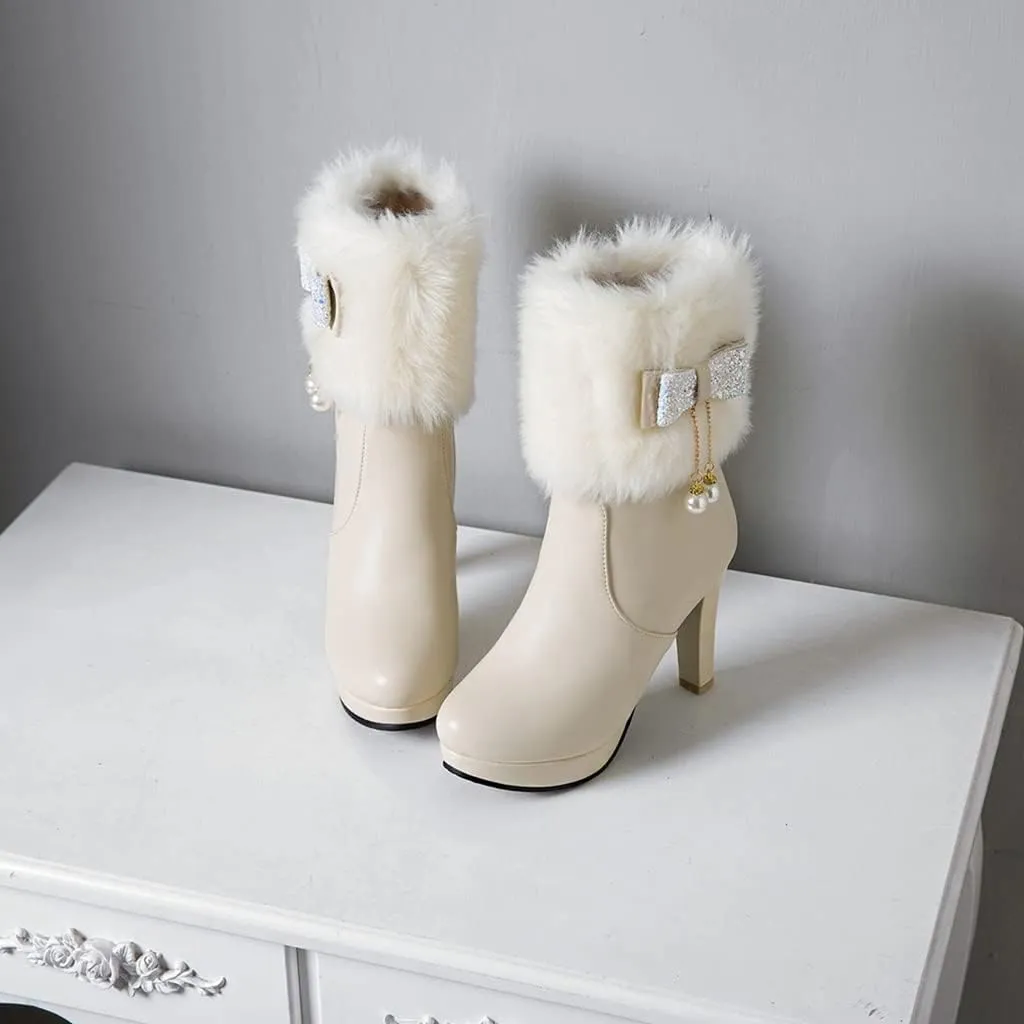 Women's Fashion Fur Platform High Heel Dressy Ankle Boots Round Toe Zipper Bow Elegant Short Booties