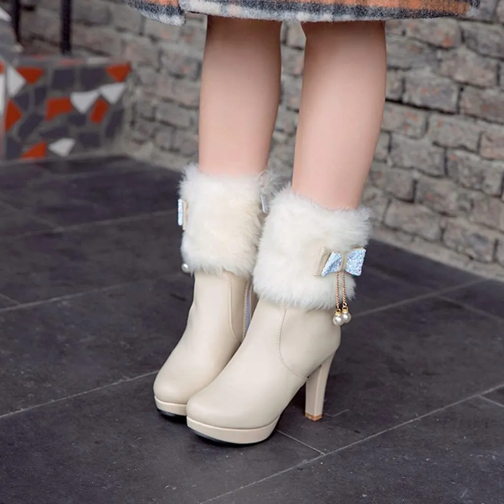 Women's Fashion Fur Platform High Heel Dressy Ankle Boots Round Toe Zipper Bow Elegant Short Booties