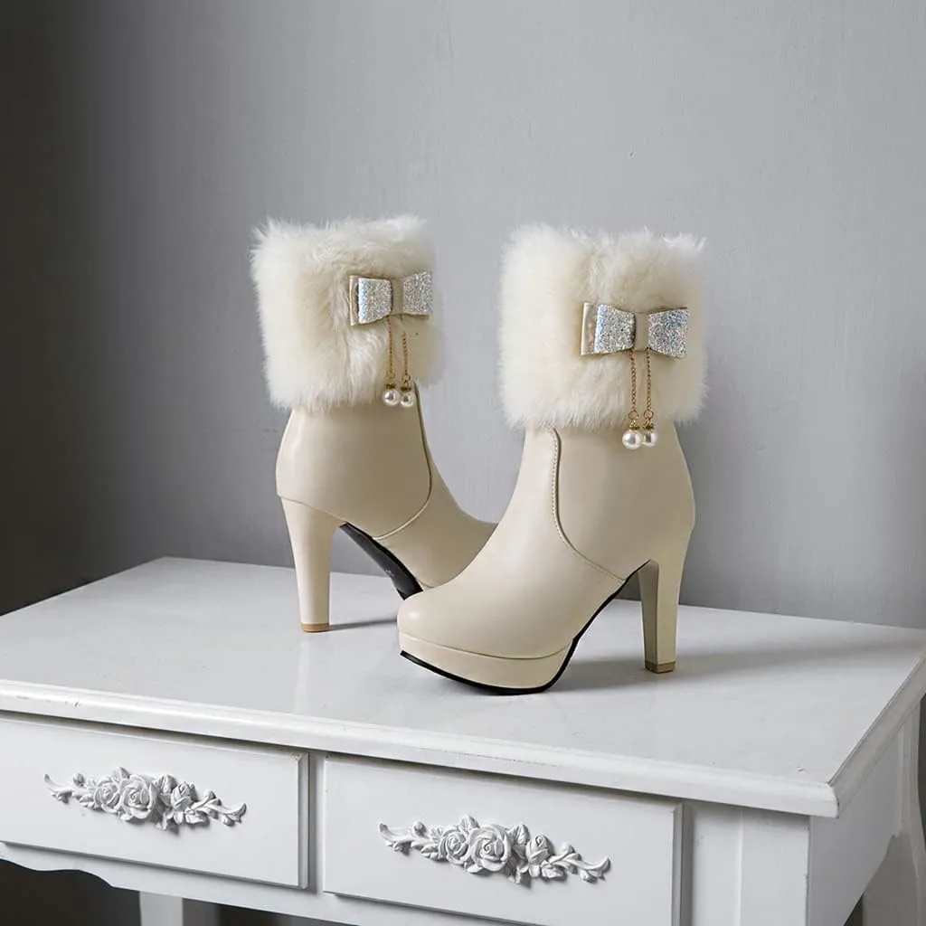 Women's Fashion Fur Platform High Heel Dressy Ankle Boots Round Toe Zipper Bow Elegant Short Booties