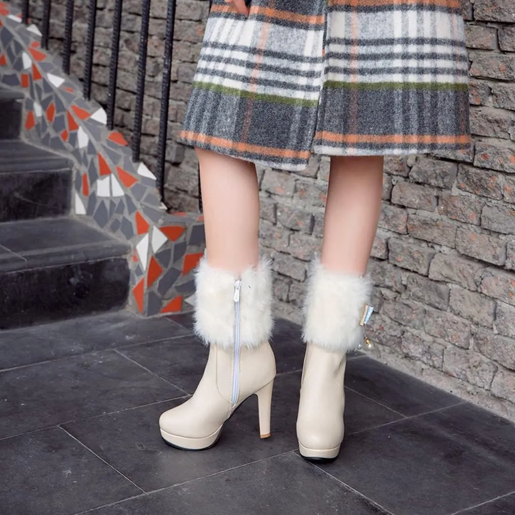 Women's Fashion Fur Platform High Heel Dressy Ankle Boots Round Toe Zipper Bow Elegant Short Booties