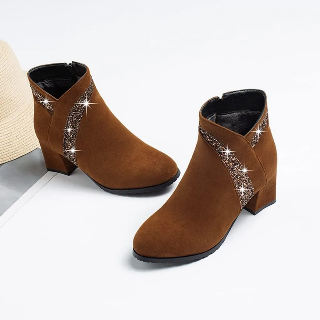 Women's Fashion Glitter Dressy Ankle Boots Round Toe Zipper Chunky Mid Heels Dress Short Booties