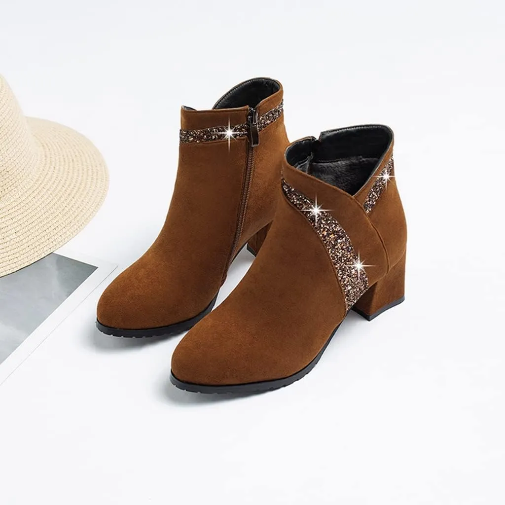 Women's Fashion Glitter Dressy Ankle Boots Round Toe Zipper Chunky Mid Heels Dress Short Booties