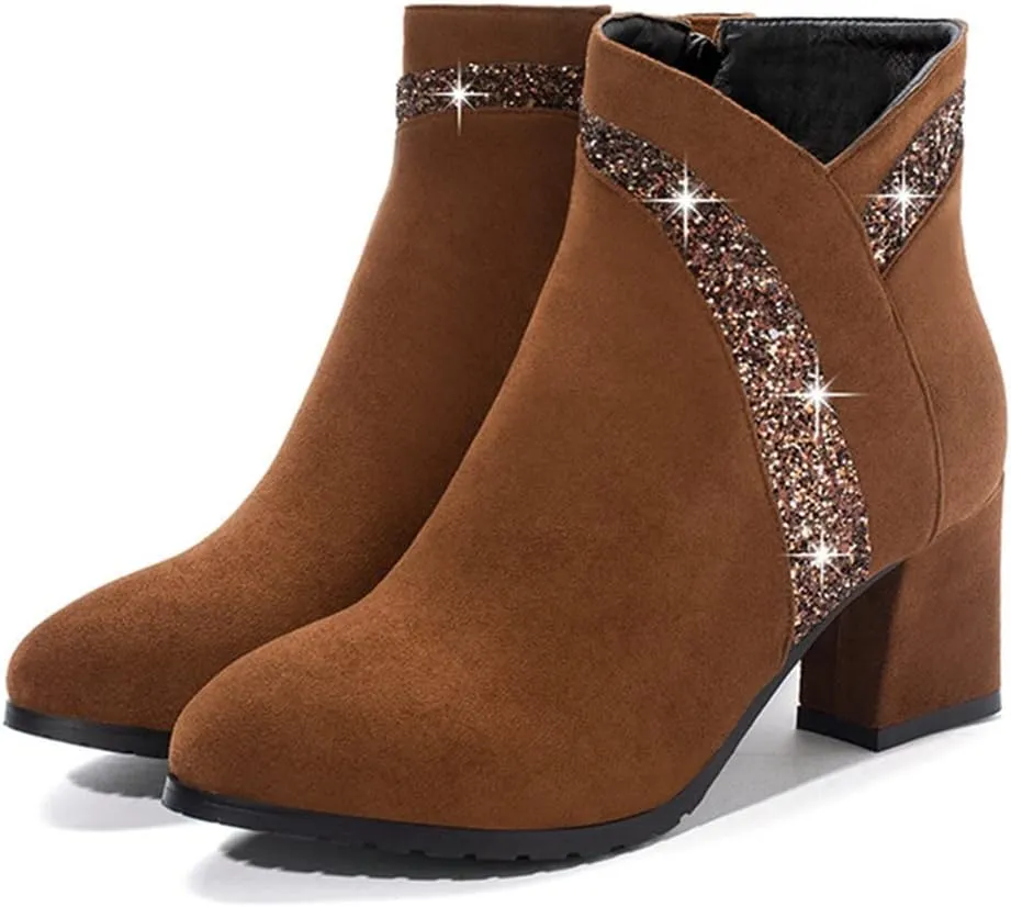 Women's Fashion Glitter Dressy Ankle Boots Round Toe Zipper Chunky Mid Heels Dress Short Booties