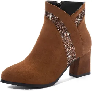 Women's Fashion Glitter Dressy Ankle Boots Round Toe Zipper Chunky Mid Heels Dress Short Booties