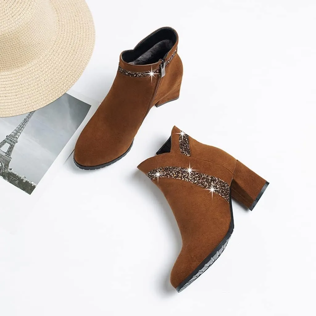 Women's Fashion Glitter Dressy Ankle Boots Round Toe Zipper Chunky Mid Heels Dress Short Booties