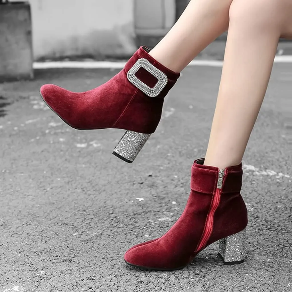 Women's Fashion Glitter Dressy Ankle Boots Square Toe Zipper Chunky High Heel Dress Short Booties