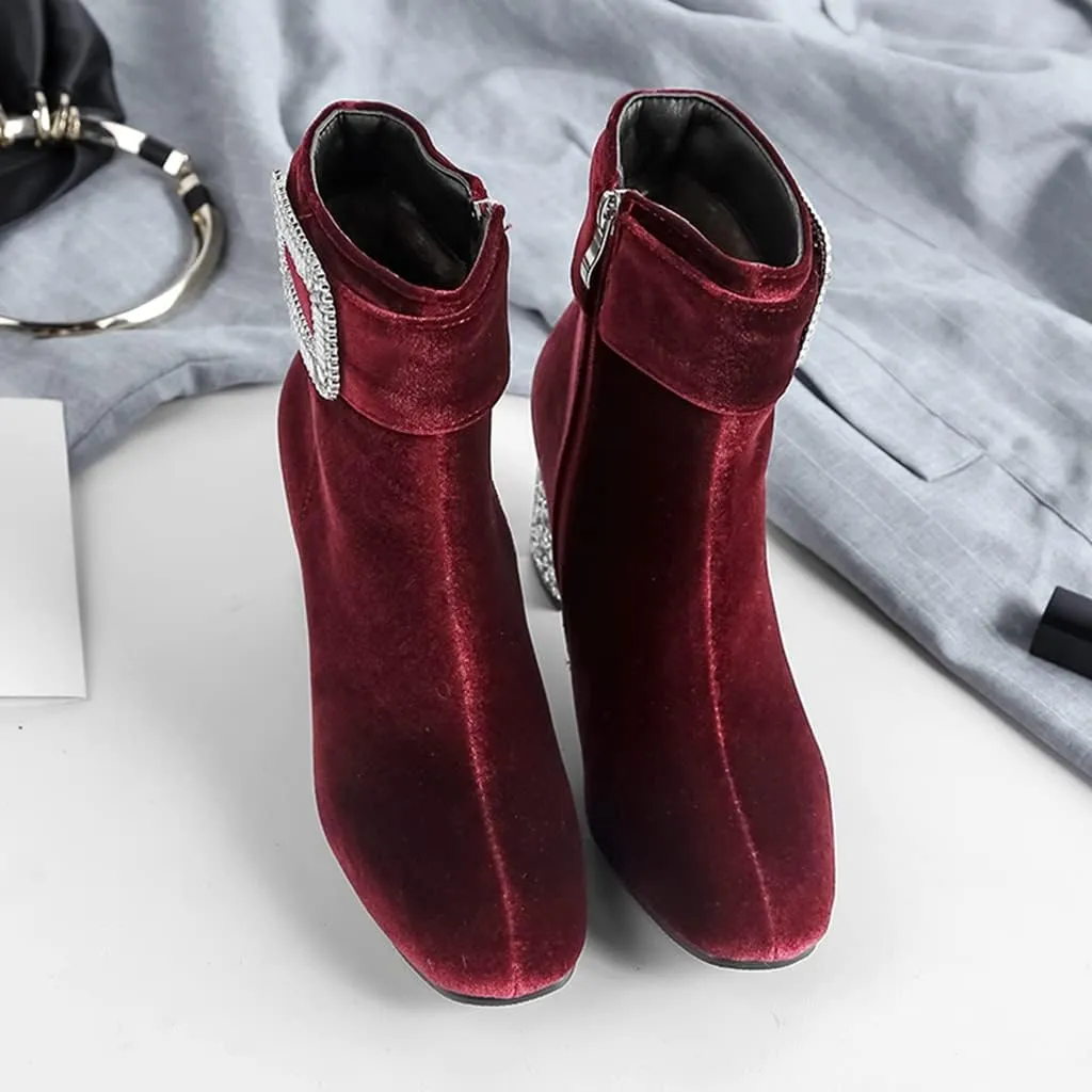 Women's Fashion Glitter Dressy Ankle Boots Square Toe Zipper Chunky High Heel Dress Short Booties