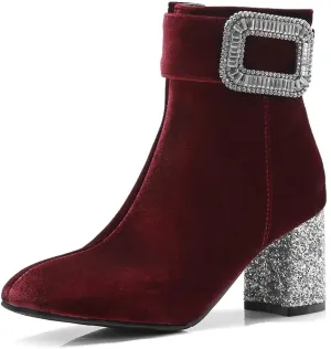Women's Fashion Glitter Dressy Ankle Boots Square Toe Zipper Chunky High Heel Dress Short Booties