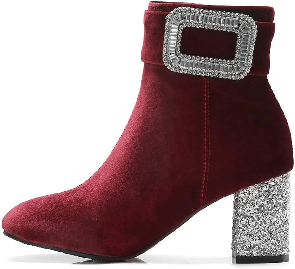 Women's Fashion Glitter Dressy Ankle Boots Square Toe Zipper Chunky High Heel Dress Short Booties