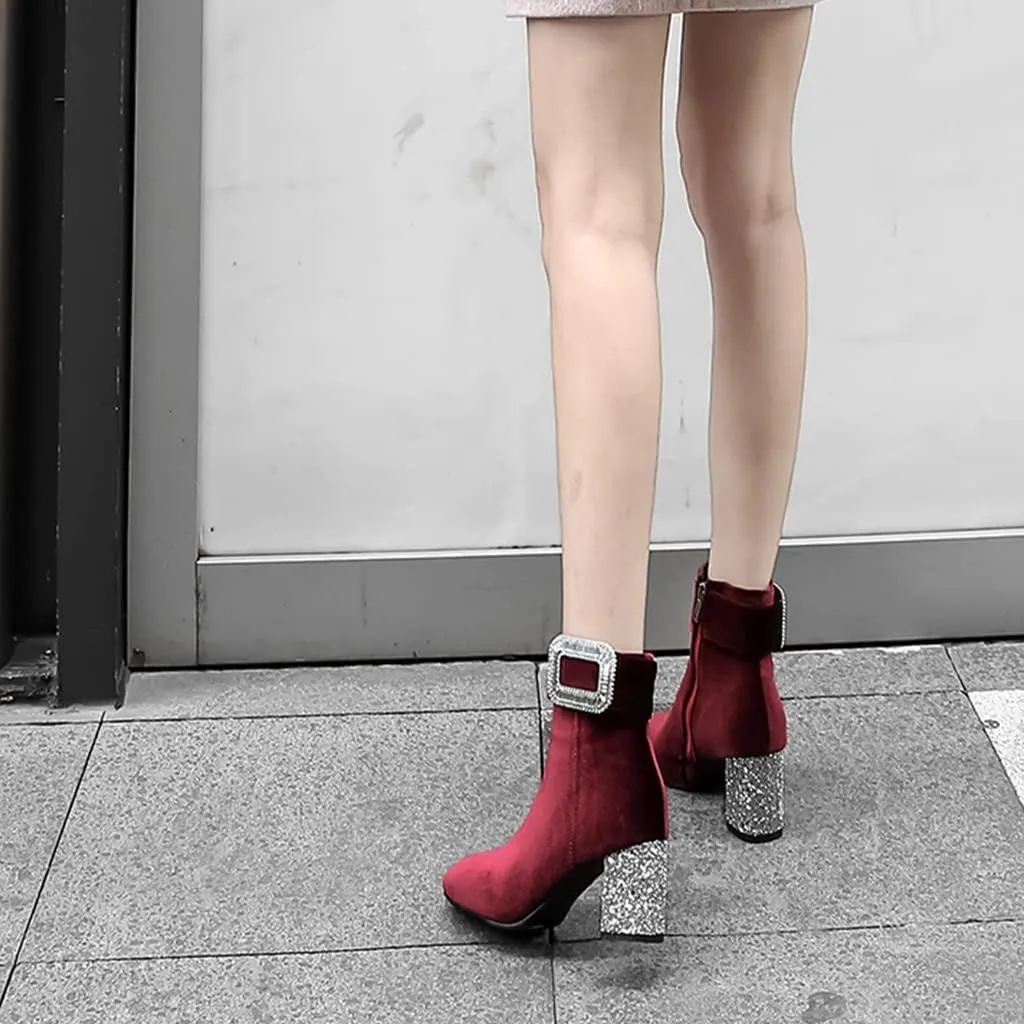 Women's Fashion Glitter Dressy Ankle Boots Square Toe Zipper Chunky High Heel Dress Short Booties