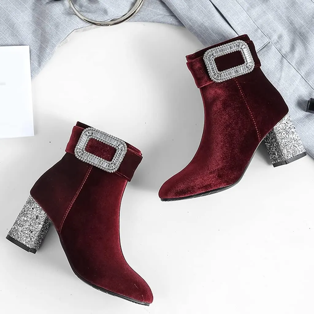 Women's Fashion Glitter Dressy Ankle Boots Square Toe Zipper Chunky High Heel Dress Short Booties