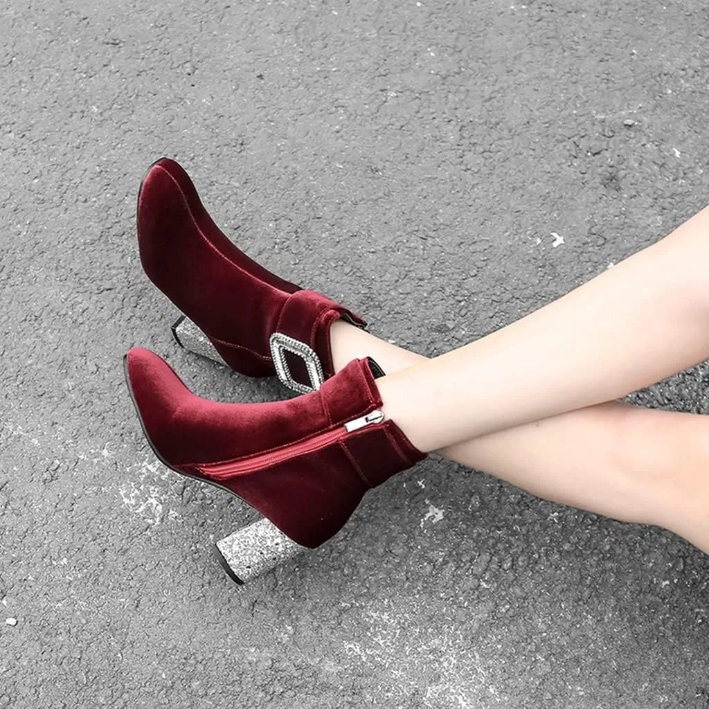 Women's Fashion Glitter Dressy Ankle Boots Square Toe Zipper Chunky High Heel Dress Short Booties