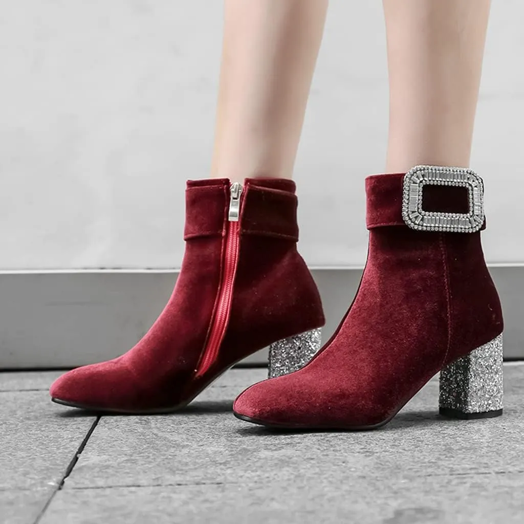 Women's Fashion Glitter Dressy Ankle Boots Square Toe Zipper Chunky High Heel Dress Short Booties