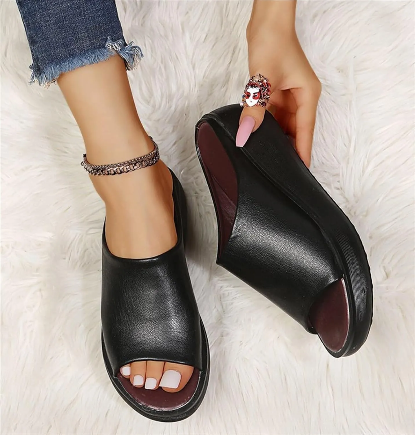 Women's Fish Mouth Platform Slippers Summer Ladies Slip on Round Toe Open Toe Mules Sandals Comfortable Orthotic Anti Slip Beach Flat Shoes