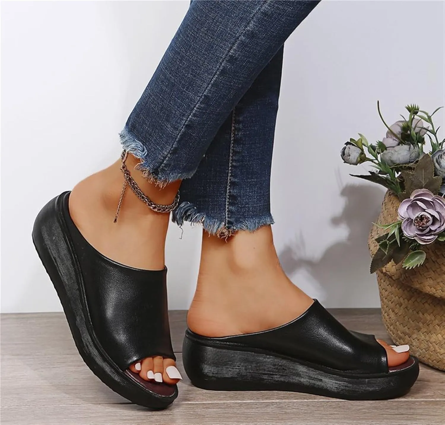 Women's Fish Mouth Platform Slippers Summer Ladies Slip on Round Toe Open Toe Mules Sandals Comfortable Orthotic Anti Slip Beach Flat Shoes