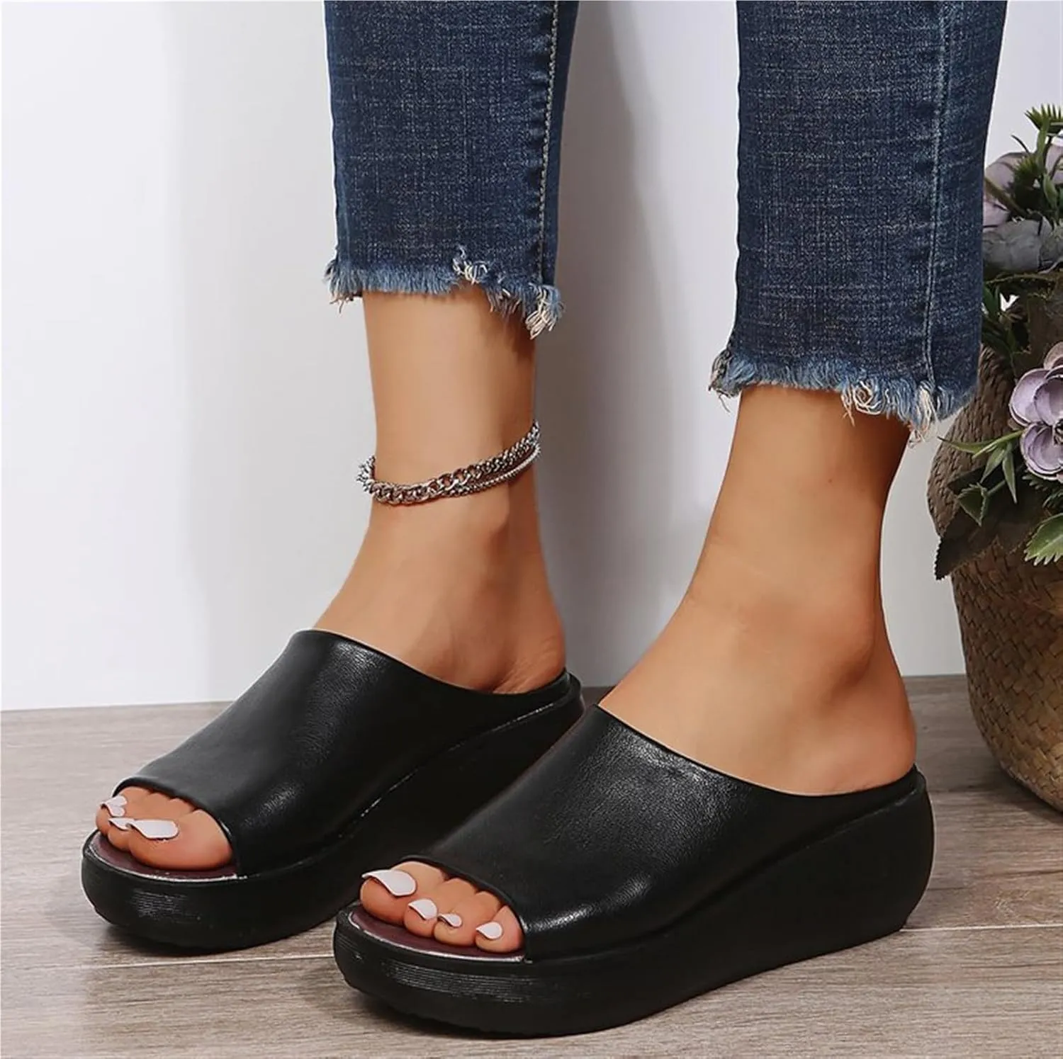 Women's Fish Mouth Platform Slippers Summer Ladies Slip on Round Toe Open Toe Mules Sandals Comfortable Orthotic Anti Slip Beach Flat Shoes