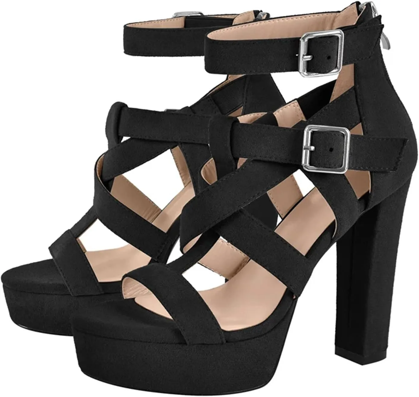 Women's Flock Round Toe Sandals - Hollow Back Zipper Party Heels