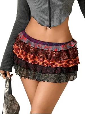 Women's Floral Lace Mini Skirt Y2K Layered Ruffle Hem Skirts Mesh A Line Cute Cake Skirt