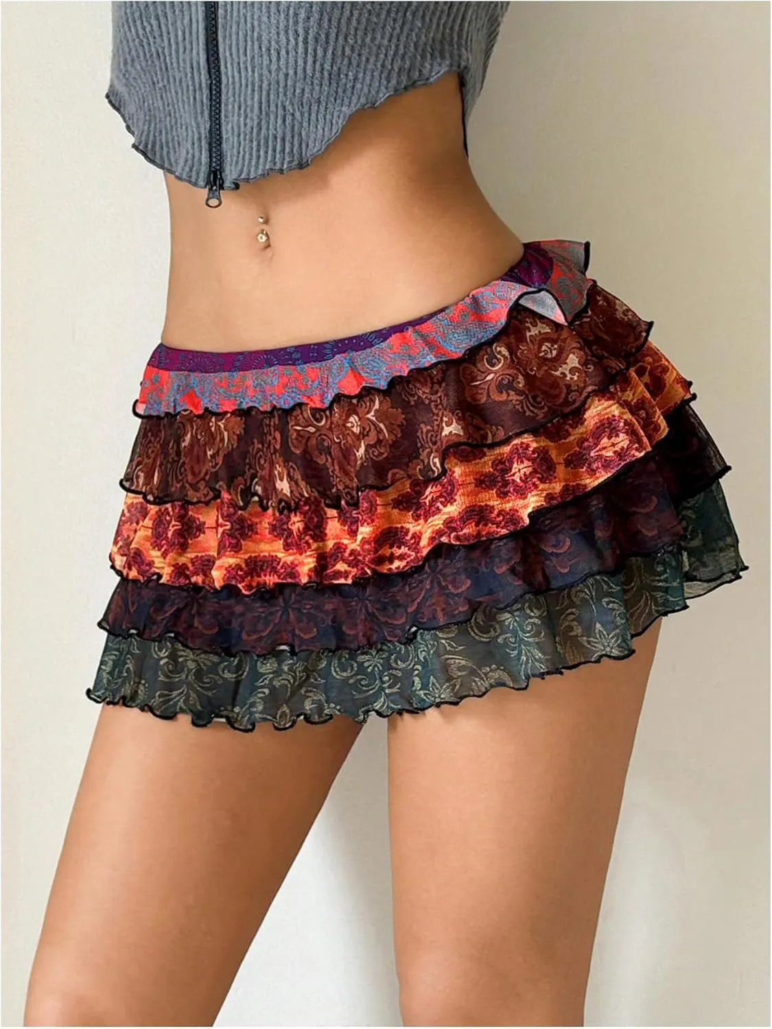 Women's Floral Lace Mini Skirt Y2K Layered Ruffle Hem Skirts Mesh A Line Cute Cake Skirt