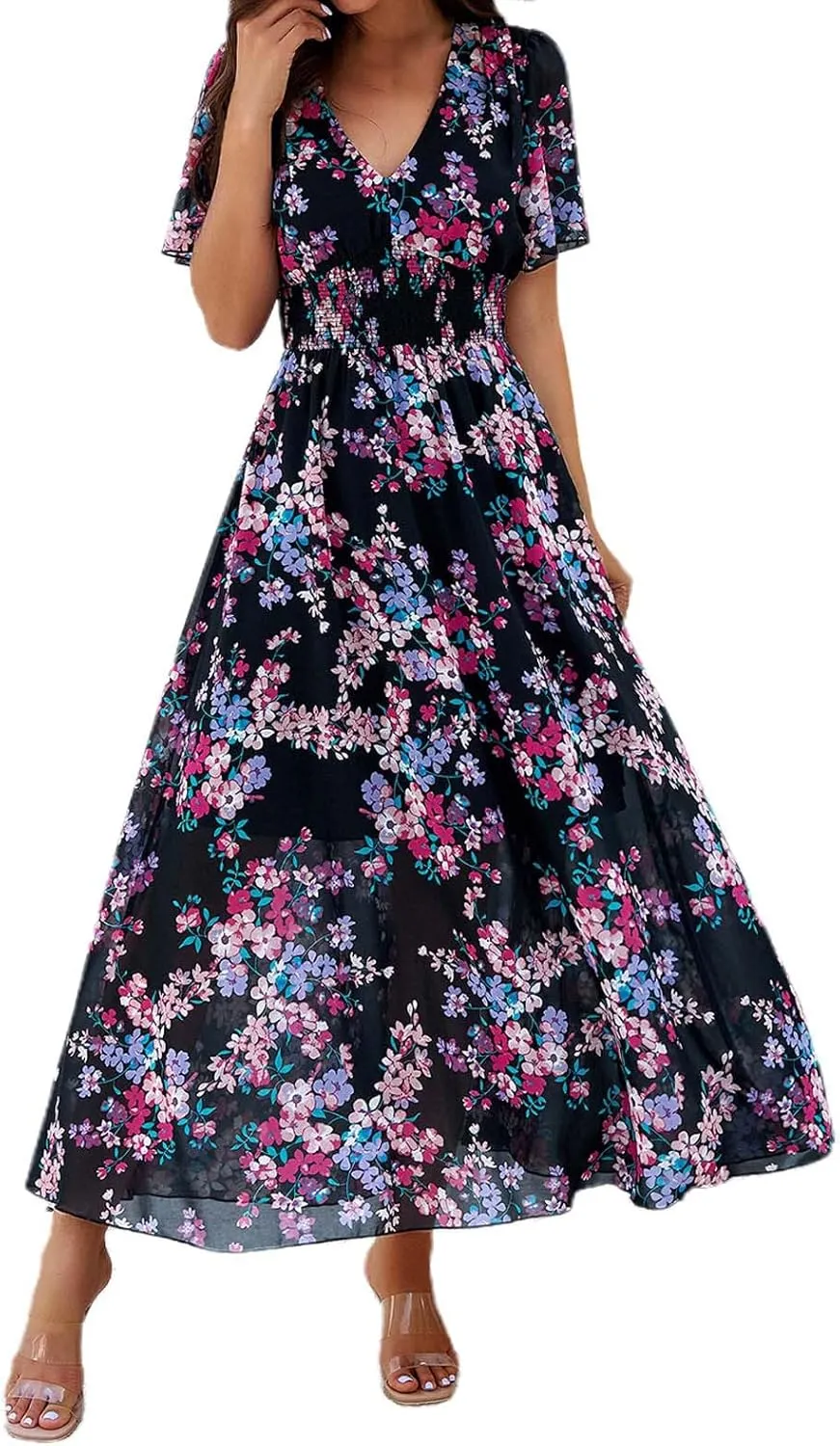 Women's Floral Maxi Dress Flowy V Neck High Waist Summer Wedding Guest Party Casual Chiffon Dress High Split Sundress