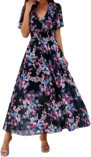 Women's Floral Maxi Dress Flowy V Neck High Waist Summer Wedding Guest Party Casual Chiffon Dress High Split Sundress