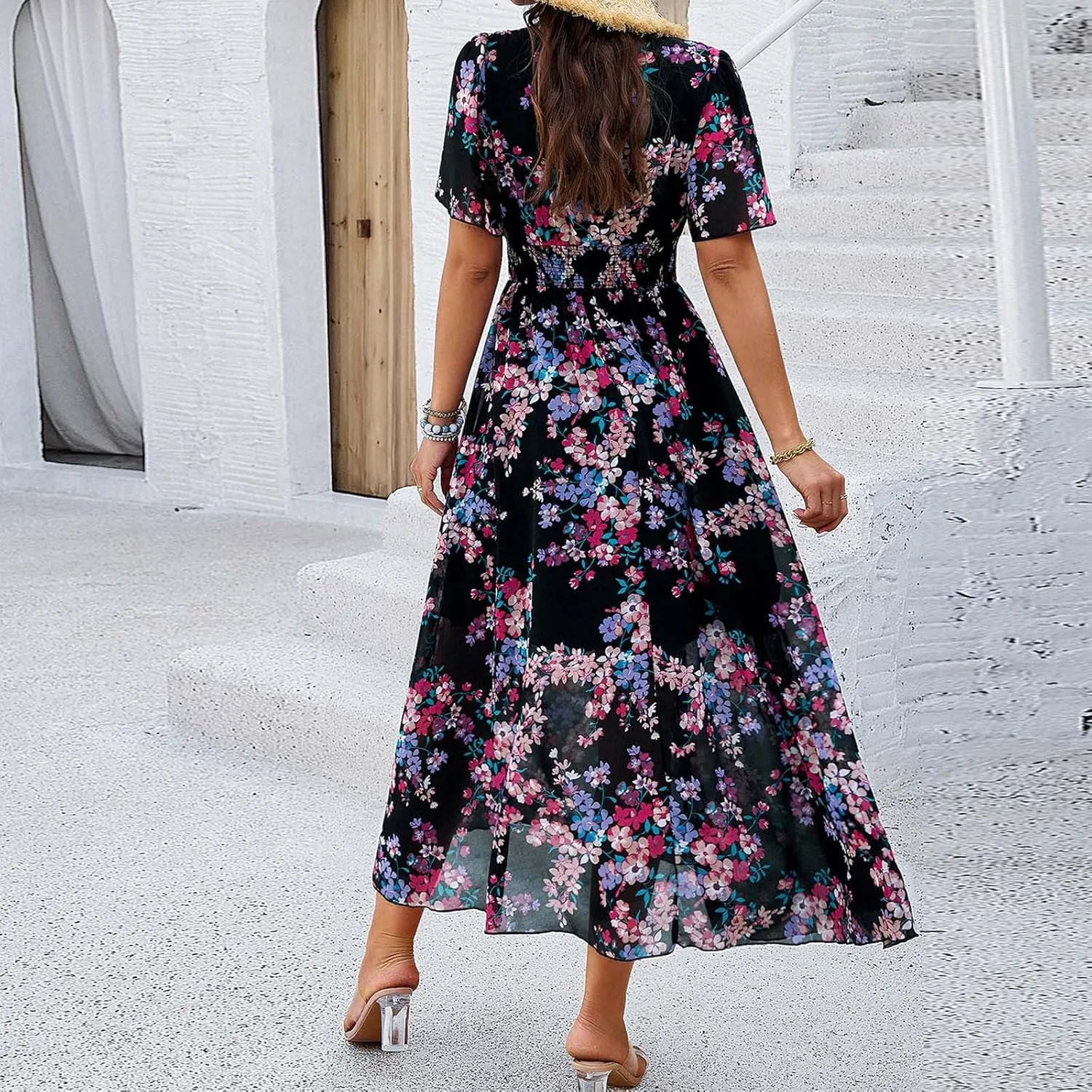 Women's Floral Maxi Dress Flowy V Neck High Waist Summer Wedding Guest Party Casual Chiffon Dress High Split Sundress