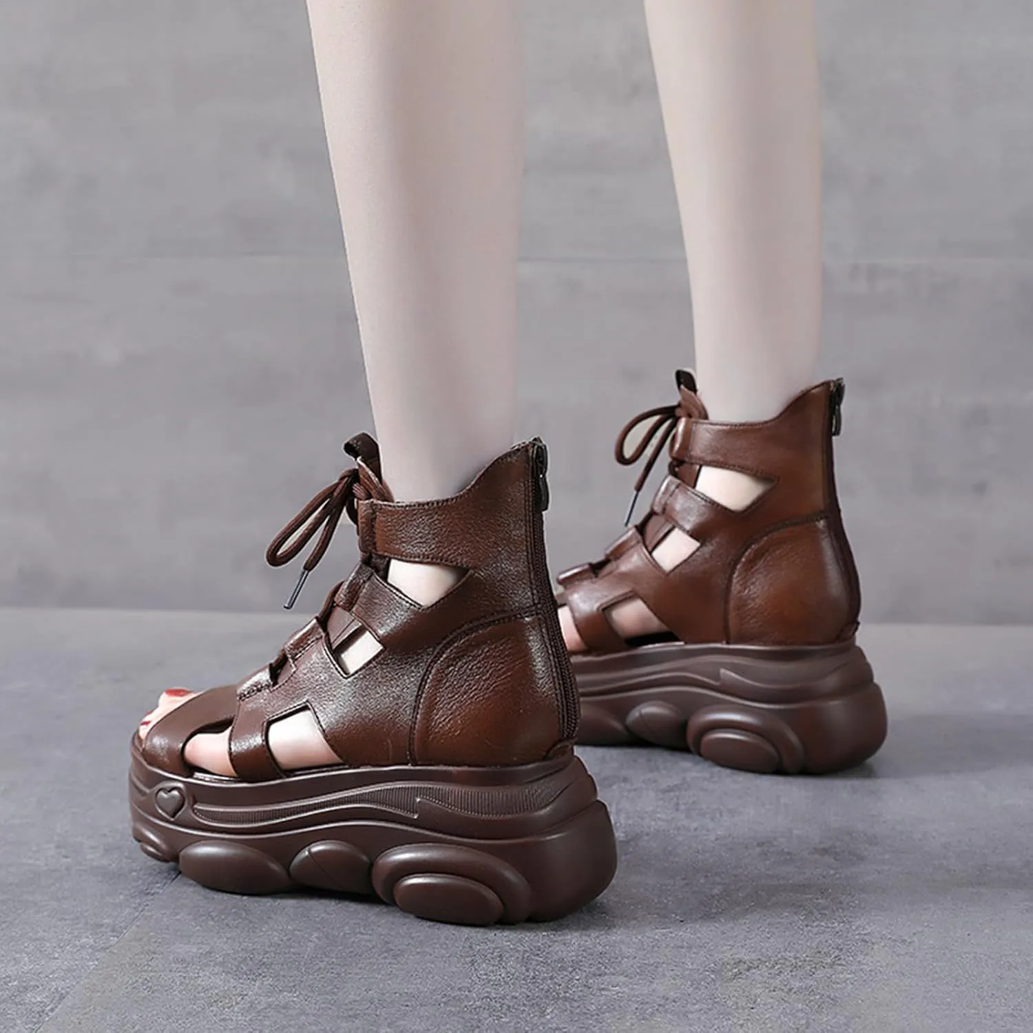 Women's Genuine Leather High Top Chunky Platform Sandals Vintage Casual Peep Toe Lace Up Back Zipper Hollow Ankle Boots Summer Lightweight Comfortable Breathable Roman Wedge Sandals