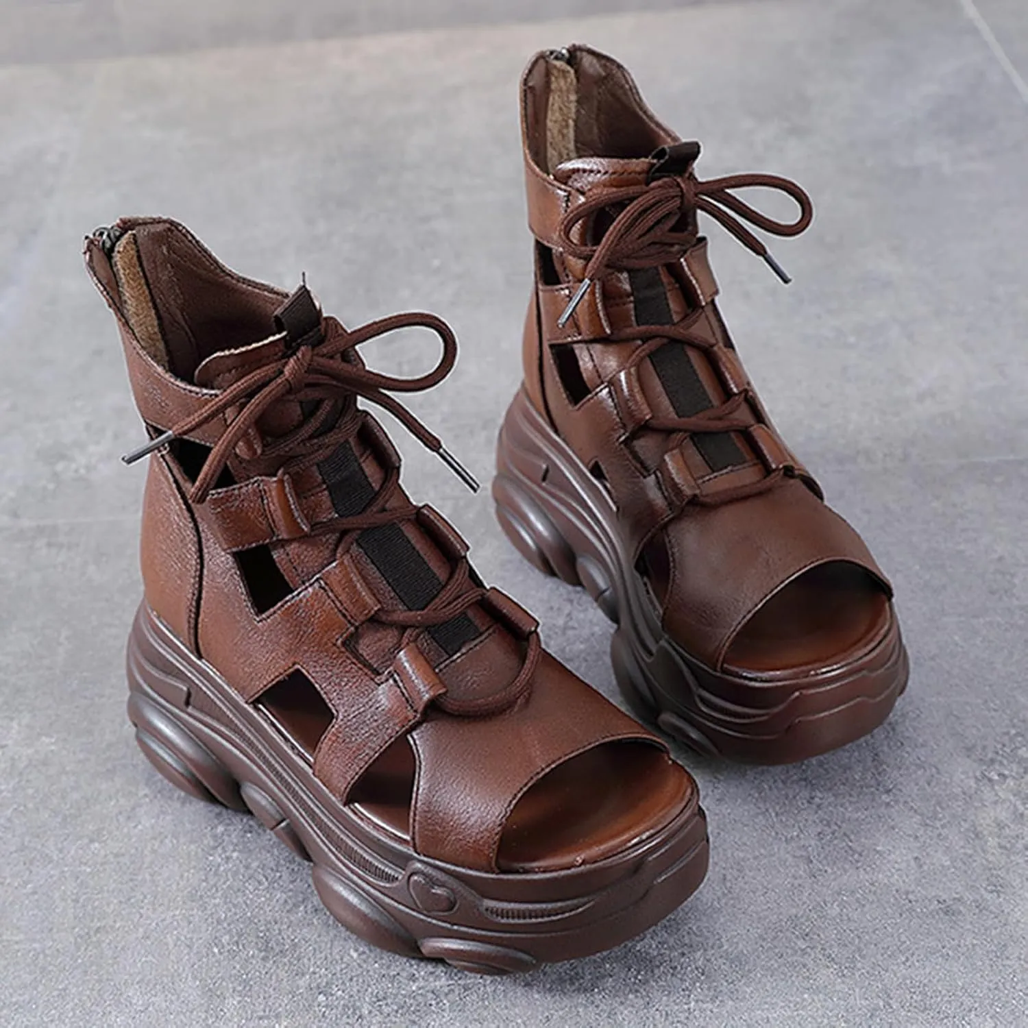 Women's Genuine Leather High Top Chunky Platform Sandals Vintage Casual Peep Toe Lace Up Back Zipper Hollow Ankle Boots Summer Lightweight Comfortable Breathable Roman Wedge Sandals