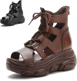 Women's Genuine Leather High Top Chunky Platform Sandals Vintage Casual Peep Toe Lace Up Back Zipper Hollow Ankle Boots Summer Lightweight Comfortable Breathable Roman Wedge Sandals