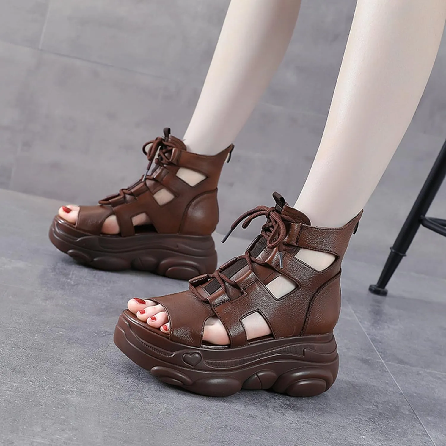 Women's Genuine Leather High Top Chunky Platform Sandals Vintage Casual Peep Toe Lace Up Back Zipper Hollow Ankle Boots Summer Lightweight Comfortable Breathable Roman Wedge Sandals