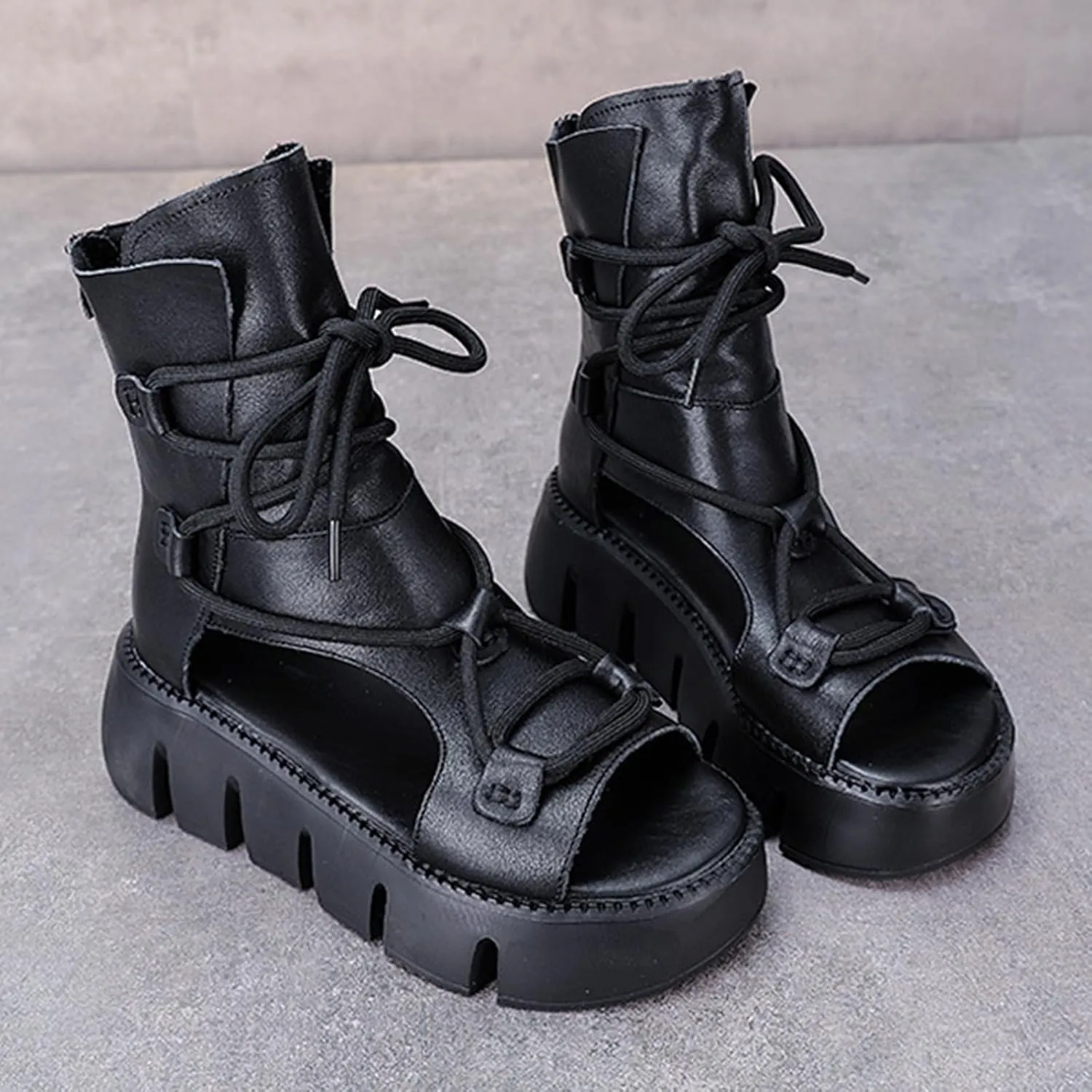 Women's Genuine Leather Peep Toe High Top Chunky Platform Sandals Vintage Round Toe Lace Up Back Zipper Soft Sole Hollow Ankle Boots Summer Comfortable Breathable Roman Wedge Sandals