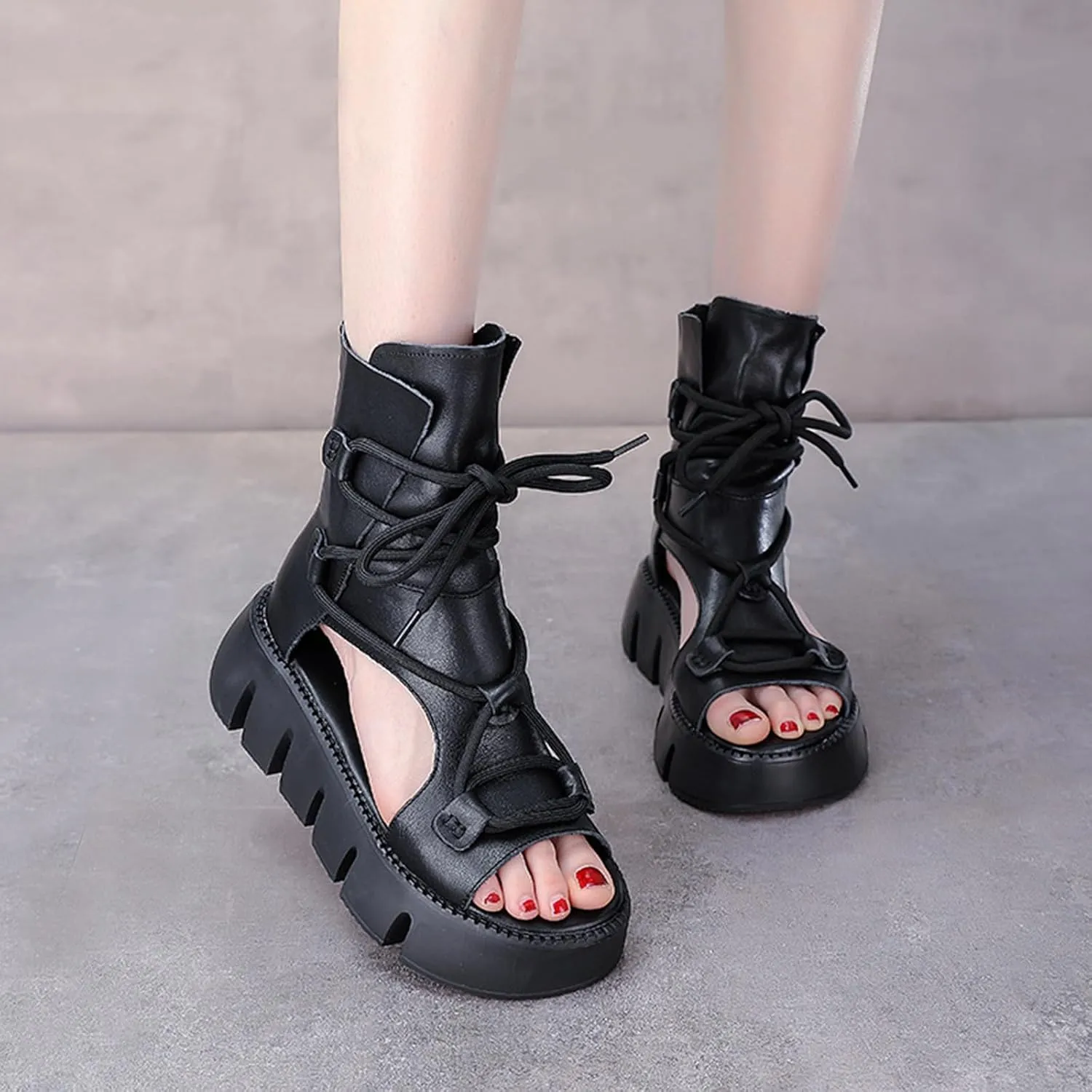 Women's Genuine Leather Peep Toe High Top Chunky Platform Sandals Vintage Round Toe Lace Up Back Zipper Soft Sole Hollow Ankle Boots Summer Comfortable Breathable Roman Wedge Sandals